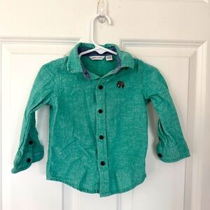 Janie and Jack Linen Button Up Green/Teal Long Sleeve Shirt - Size 12-18 months
